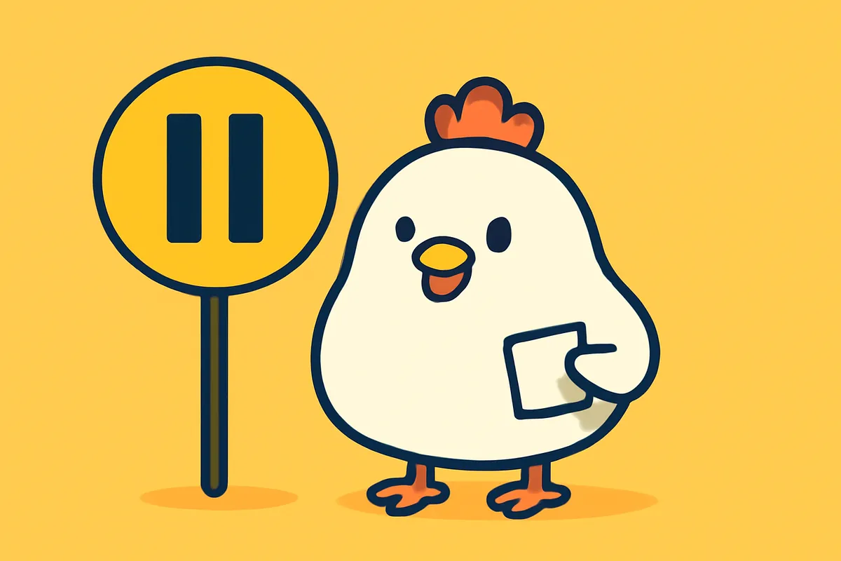 Illustrazione: la gallina riflette sul cartello di stop e decide per l'incasso