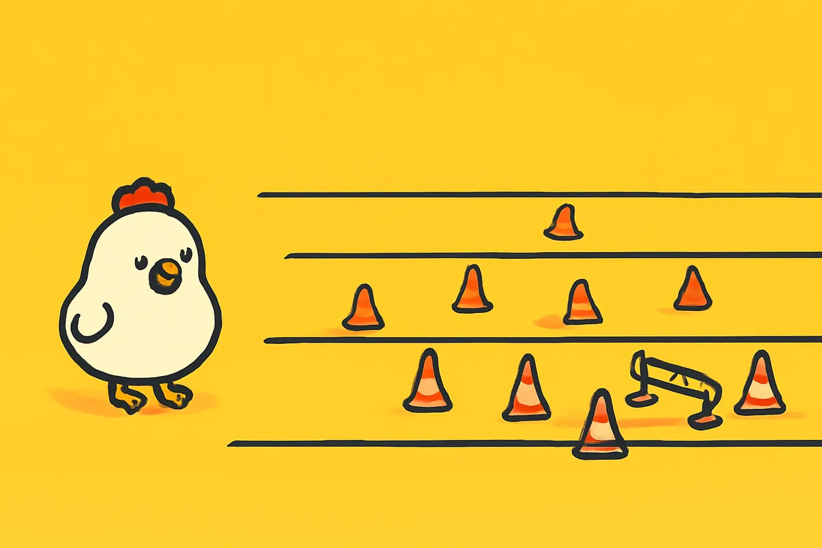 Illustrazione: quattro corsie con ostacoli crescenti e la gallina alla partenza